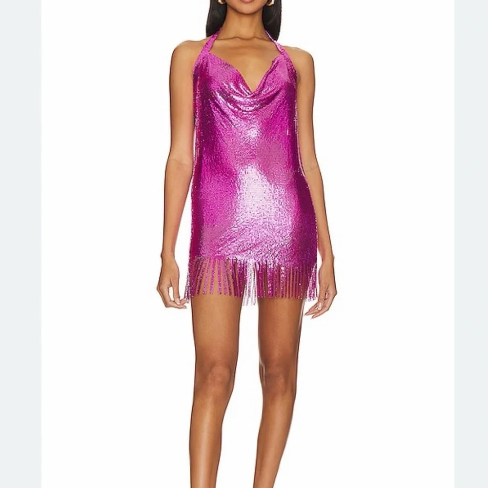 8 Other Reasons Metallic Fuchsia Halter Fringe Mini Dress - Picture 3 of 7